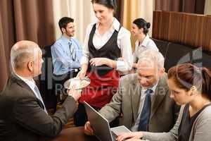 Businessman pay restaurant bill management meeting