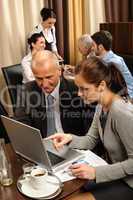 Business discussion executive woman point laptop