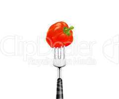 Red pepper pierced by fork,  isolated on white background