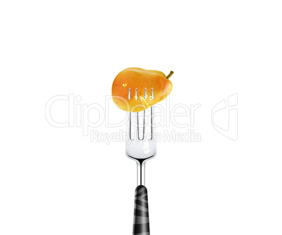 Pear pierced by fork,  isolated on white background