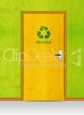 wooden door with recycle sign