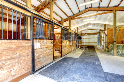 Horse farm stable shed interior.