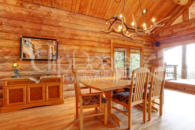 Log cabin dining room interior.