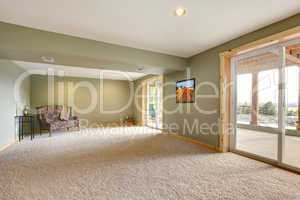 Ground level large new living room with green walls.