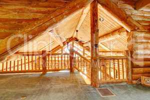 Log cabin ceiling and staircase.