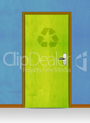 wooden door with recycle sign