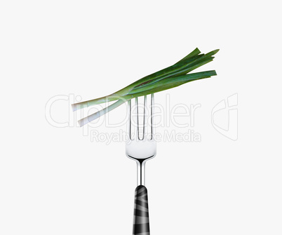 green onion pierced by fork,  isolated on white background