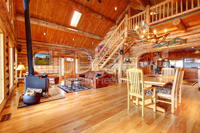 Large luxury log house living room.