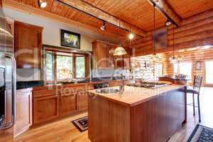Log cabin large kitchen interior.