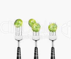 Tomato pierced by fork,  isolated on white background