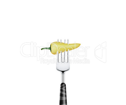 Pepper  pierced by fork,  isolated on white background