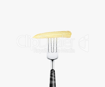 baby corn pierced by fork,  isolated on white background