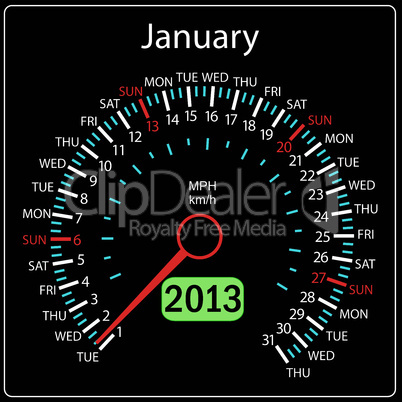 2013 year calendar speedometer car in vector. January.