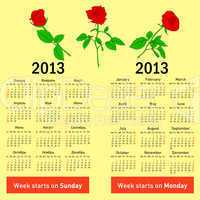 Stylish  calendar with flowers  for 2013. In Russian and English