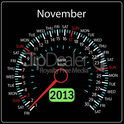 2013 year calendar speedometer car in vector. November.