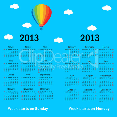 Stylish French calendar with balloon and clouds for 2013. In Fre