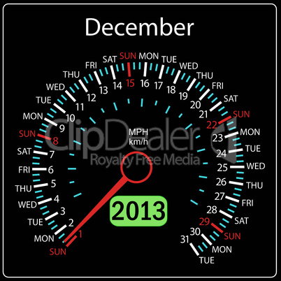 2013 year calendar speedometer car in vector. December.