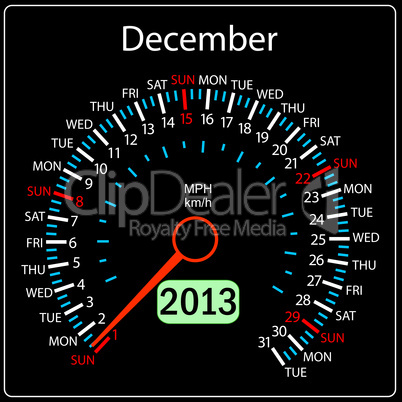 2013 year calendar speedometer car in vector. December.