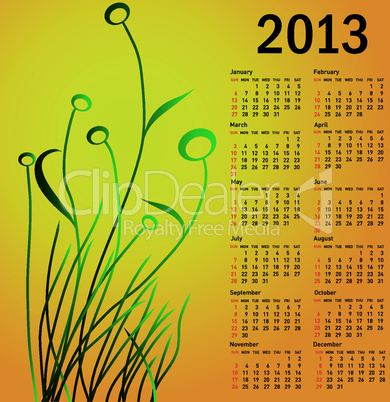 Stylish calendar with flowers for 2013. Week starts on Sunday.