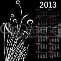 Stylish calendar with flowers for 2013. Week starts on Sunday.