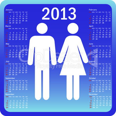 Stylish calendar family for 2013. Week starts on Sunday.