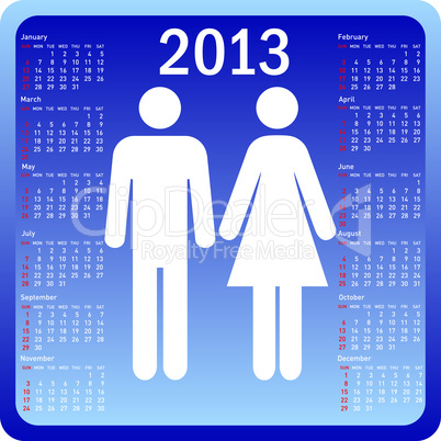 Stylish calendar family for 2013. Week starts on Sunday.