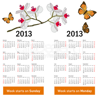 Stylish calendar with flowers and butterflies for 2013.