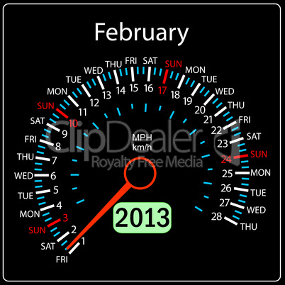 2013 year calendar speedometer car in vector. February.