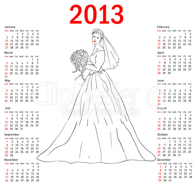 Stylish calendar Bride in wedding dress white with bouquet for 2