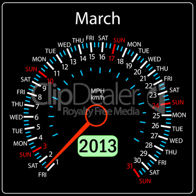 2013 year calendar speedometer car in vector. March.