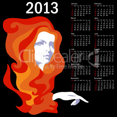 Stylish calendar with woman  for 2013. Week starts on Sunday.