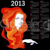 Stylish calendar with woman  for 2013. Week starts on Sunday.