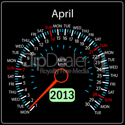 2013 year calendar speedometer car in vector. April.