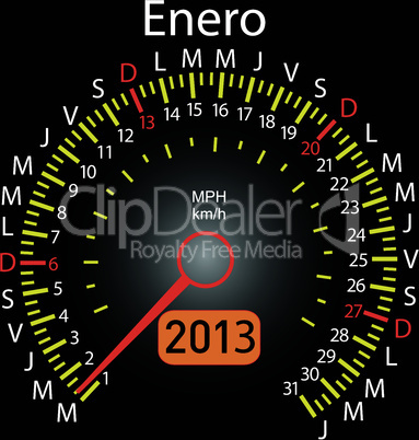 2013 year calendar speedometer car in Spanish. January