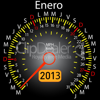 2013 year calendar speedometer car in Spanish. January