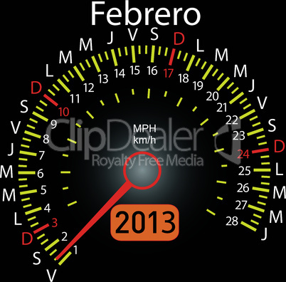 2013 year calendar speedometer car in Spanish. February