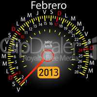 2013 year calendar speedometer car in Spanish. February