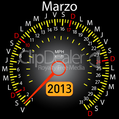2013 year calendar speedometer car in Spanish. March
