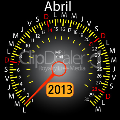 2013 year calendar speedometer car in Spanish. April