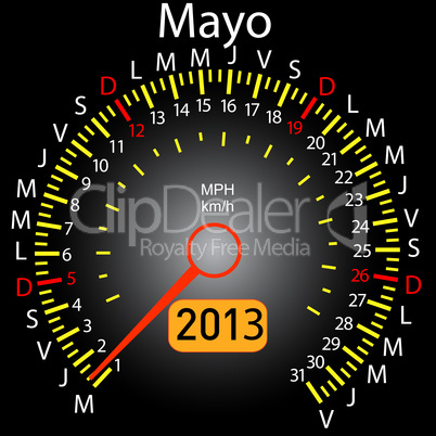 2013 year calendar speedometer car in Spanish. May