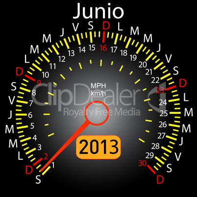 2013 year calendar speedometer car in Spanish. June