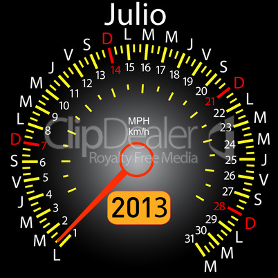 2013 year calendar speedometer car in Spanish. July