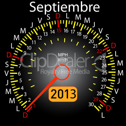 2013 year calendar speedometer car in Spanish. September
