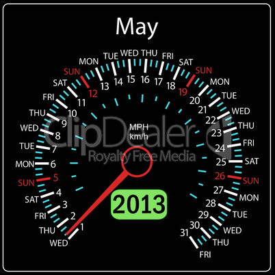2013 year calendar speedometer car in vector. May.