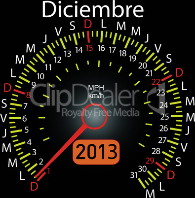 2013 year calendar speedometer car in Spanish. December
