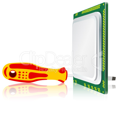 screwdriver and computer processor on a white background
