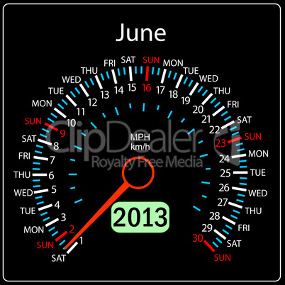 2013 year calendar speedometer car in vector. June.