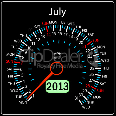 2013 year calendar speedometer car in vector. July.