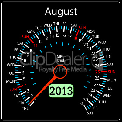 2013 year calendar speedometer car in vector. August.