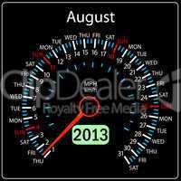 2013 year calendar speedometer car in vector. August.